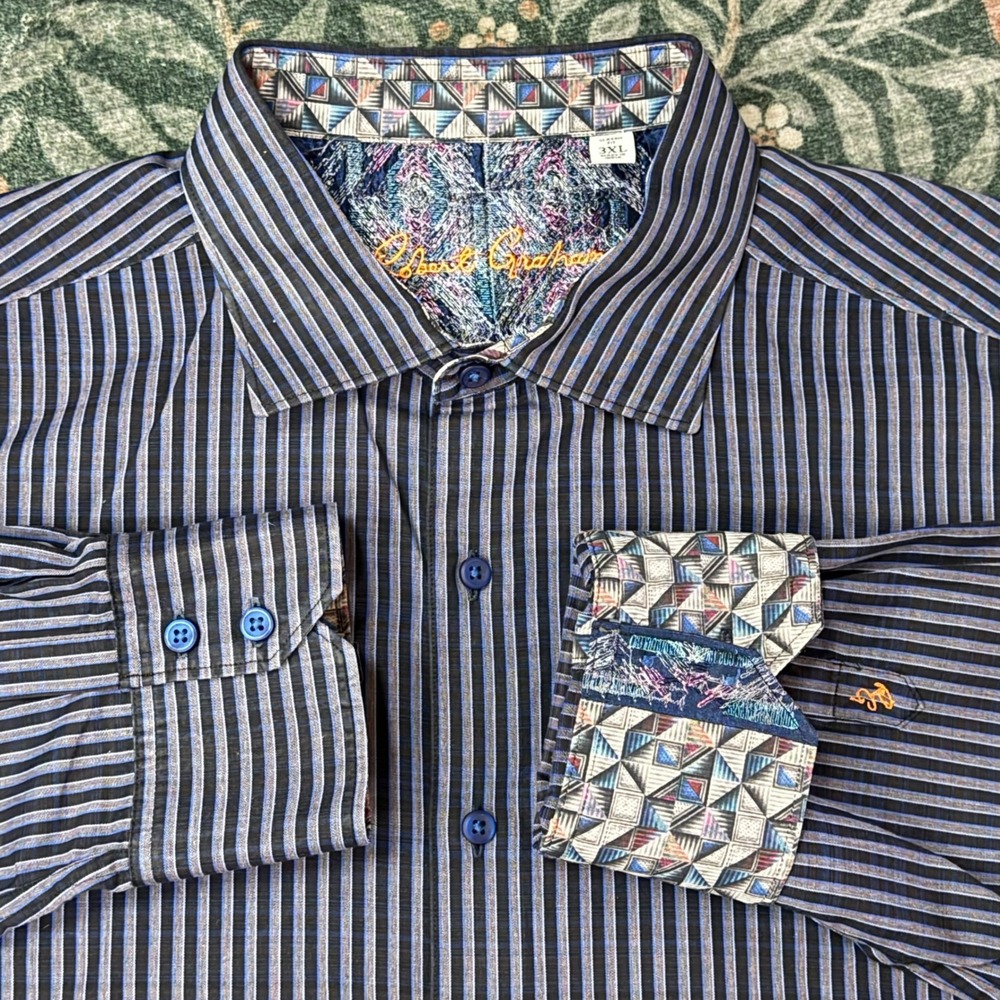 Robert Graham 3XL Blue Purple Stripe Contrast Cuff Logo Button Down Shirt - Picture 3 of 6